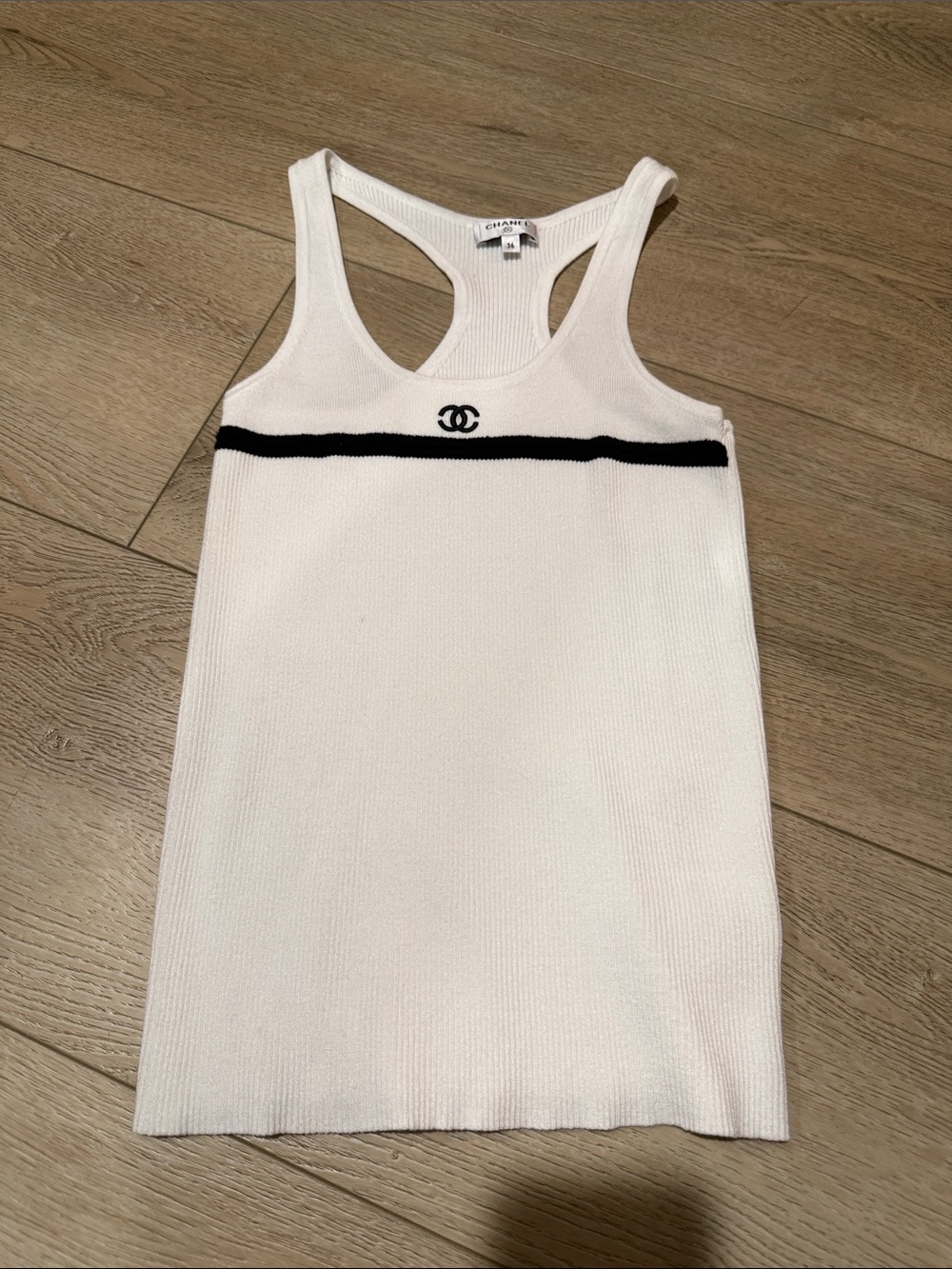 CHANEL White Ribbed Racerback Tank with Black Trim and CC Logo